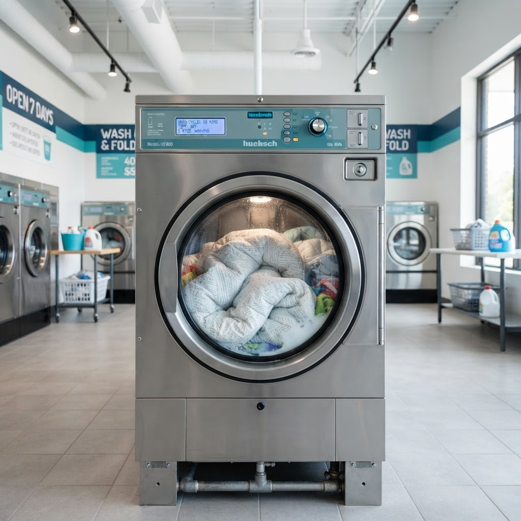 Large-capacity washing machines inside Washateria Lavanderia in Houston